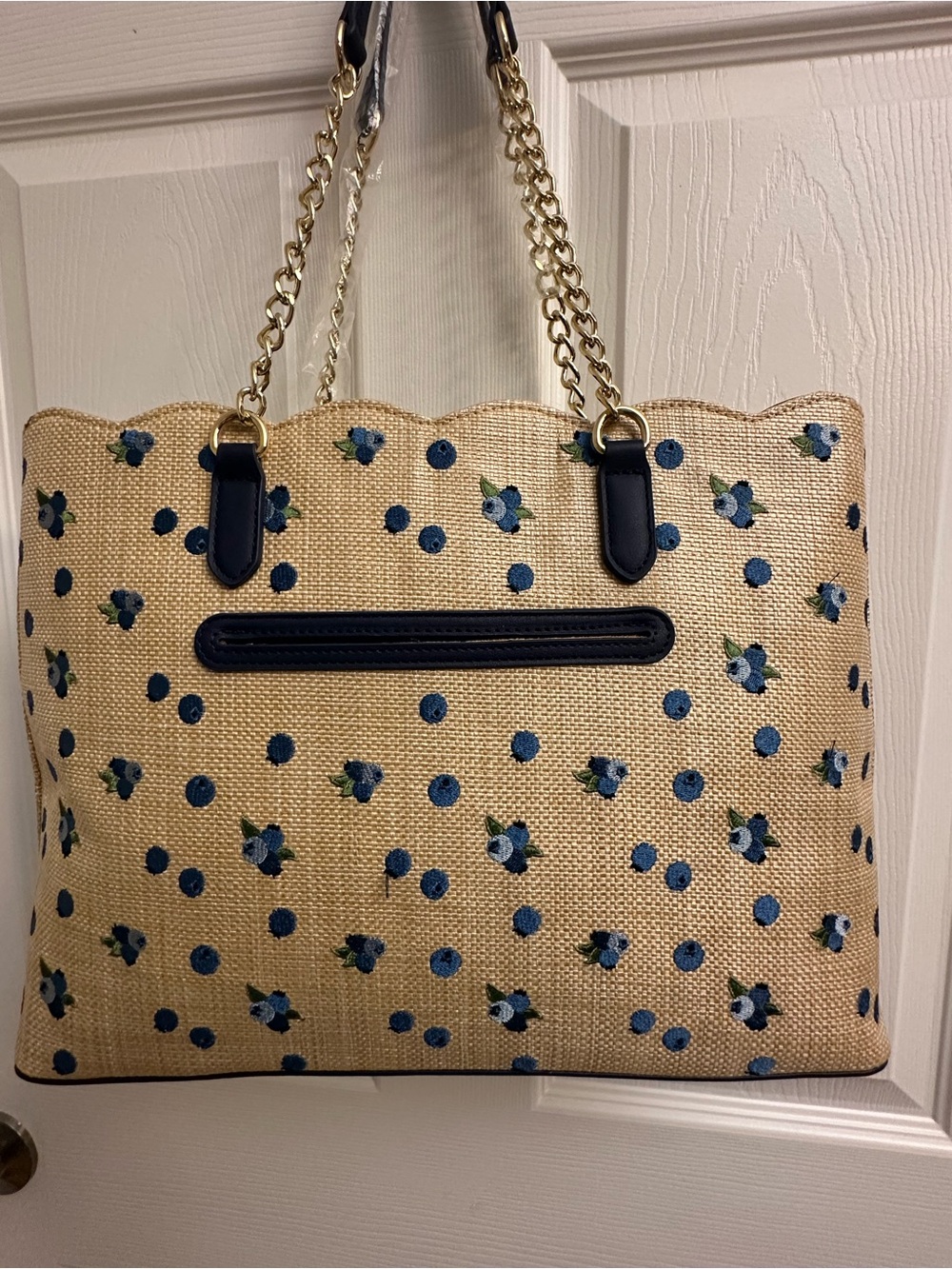 Betsey Johnson Tan Tote with Blue Floral Dots Design & Blue Pom Charm & Scarf - Picture 4 of 16